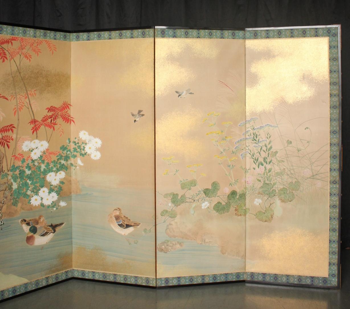 Giapponese B11 Japanese Antiques 6panels, Paper, folding Screen with Flower ＆ bird painting in vendita