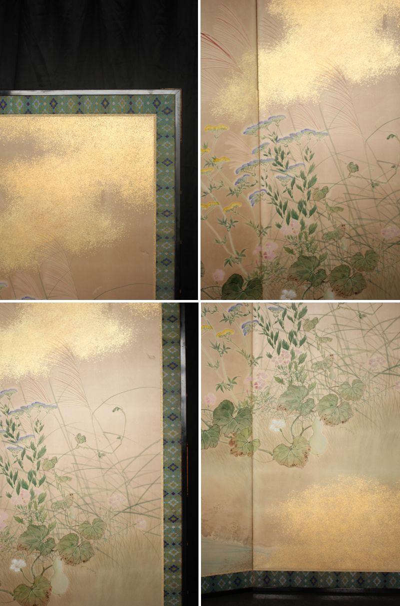Dipinto a mano B11 Japanese Antiques 6panels, Paper, folding Screen with Flower ＆ bird painting in vendita