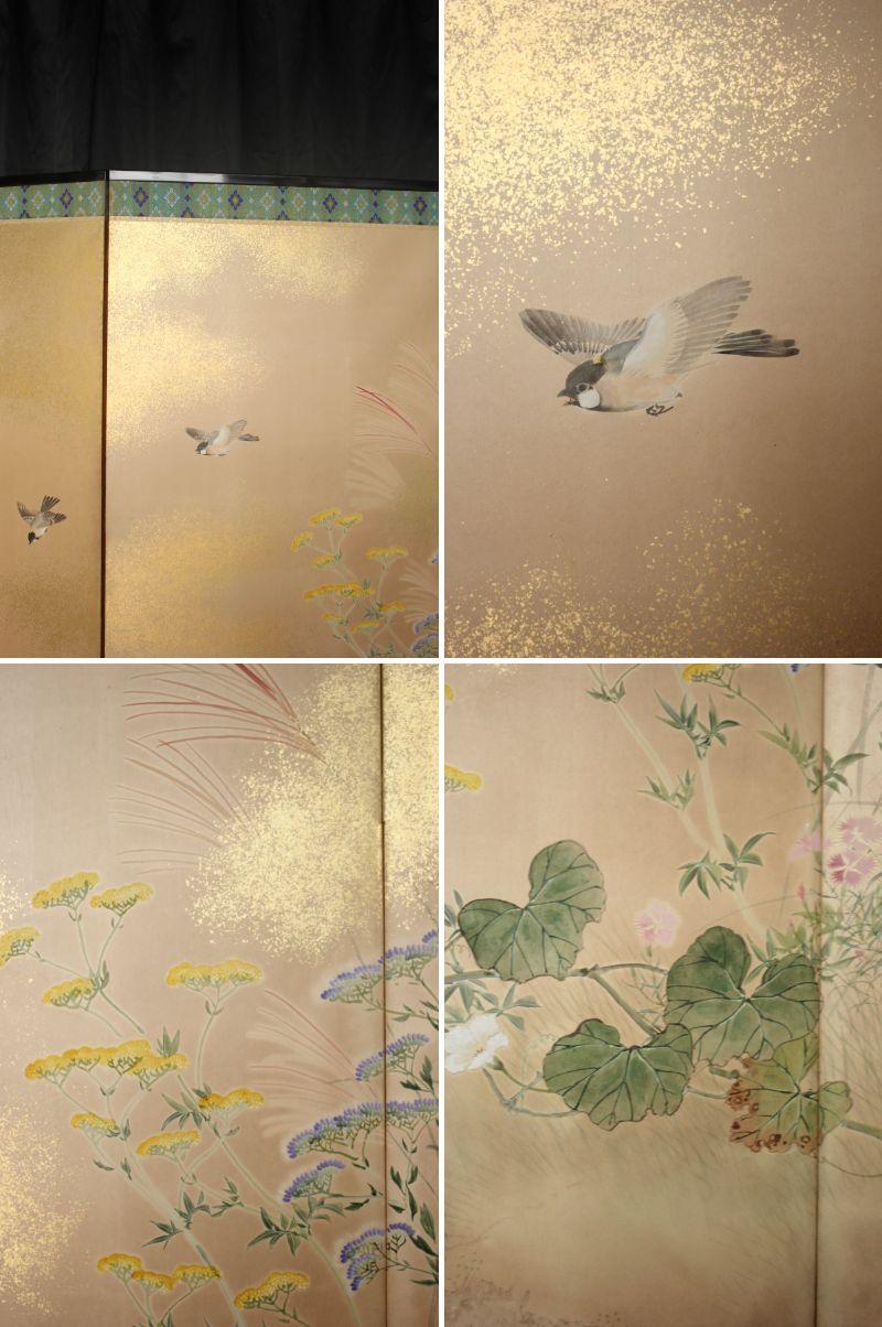 B11 Japanese Antiques 6panels, Paper, folding Screen with Flower ＆ bird painting In condizioni buone in vendita a Niiza, JP