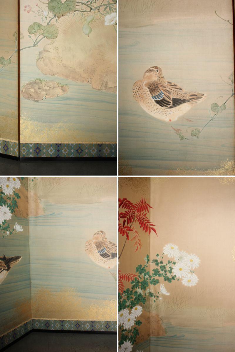 XIX secolo B11 Japanese Antiques 6panels, Paper, folding Screen with Flower ＆ bird painting in vendita