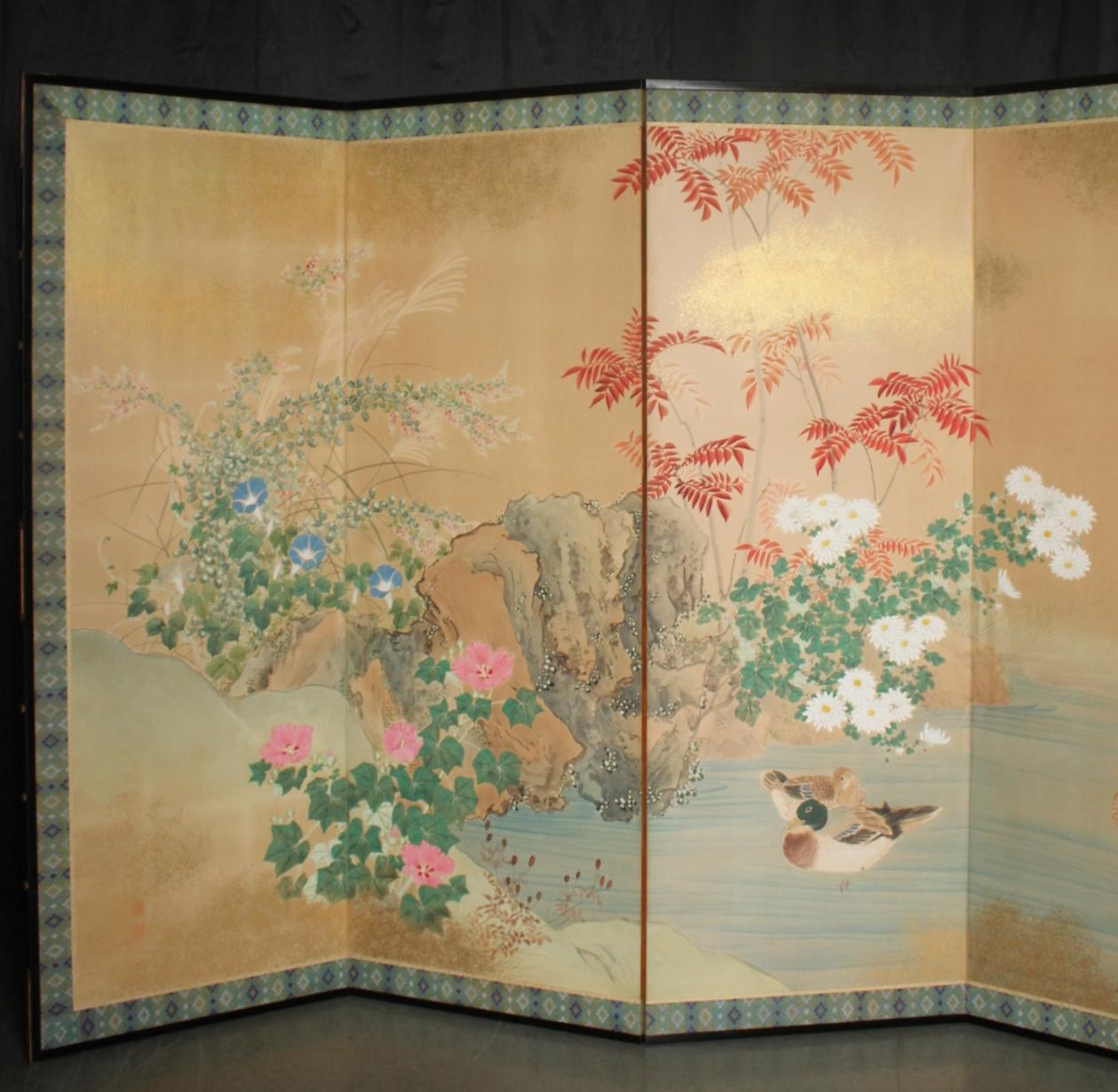 Carta B11 Japanese Antiques 6panels, Paper, folding Screen with Flower ＆ bird painting in vendita