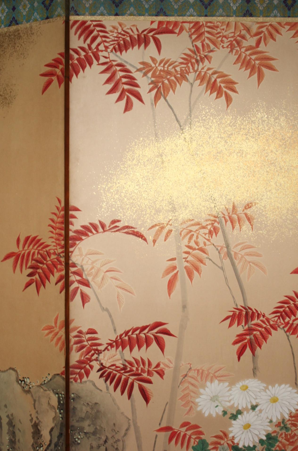 B11 Japanese Antiques 6panels, Paper, folding Screen with Flower ＆ bird painting in vendita 2