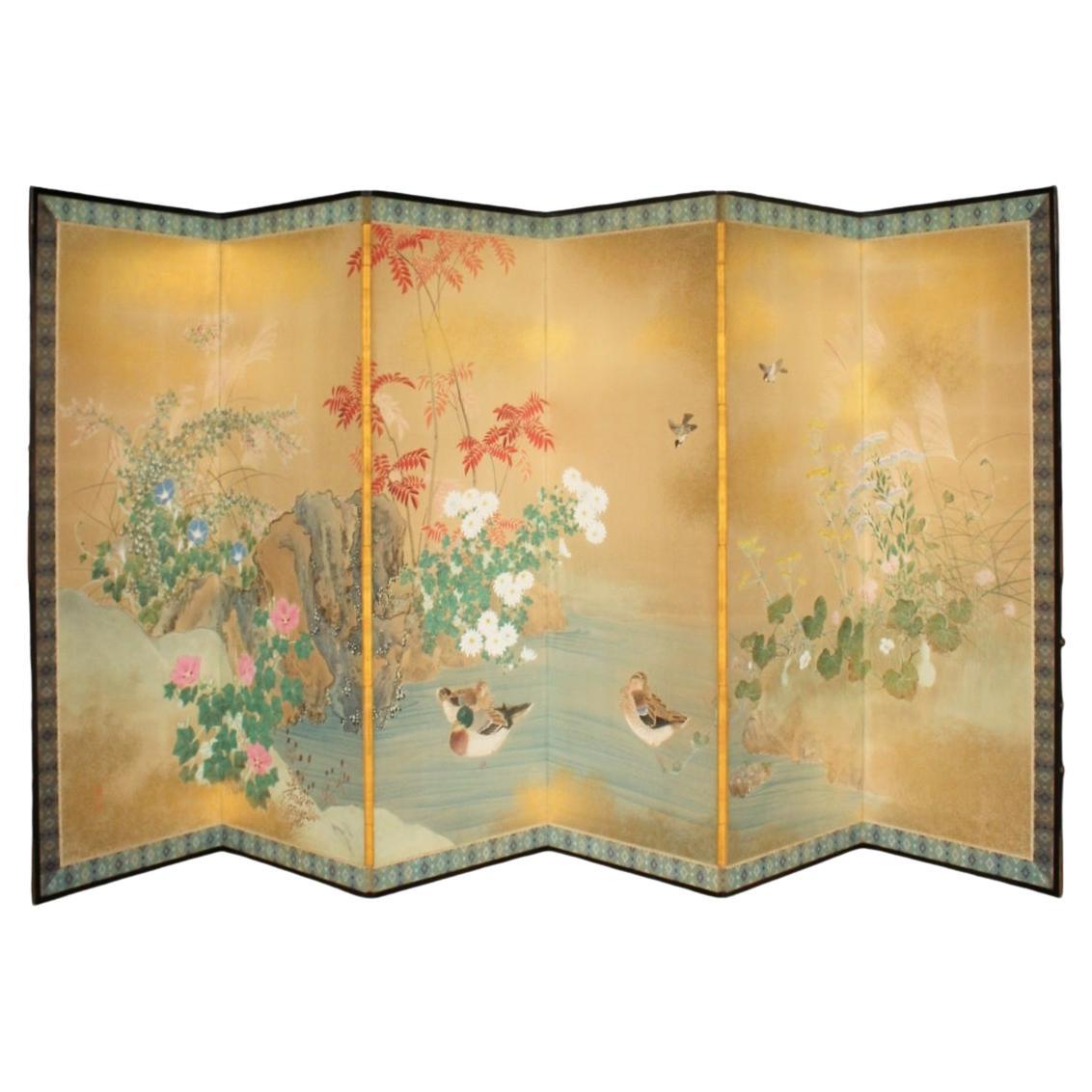 B11 Japanese Antiques 6panels, Paper, folding Screen with Flower ＆ bird painting