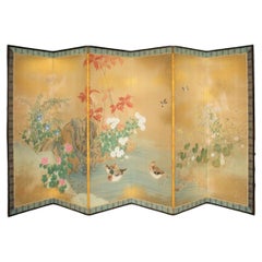 B11 Japanese Antiques 6panels, Paper, folding Screen with Flower ＆ bird painting