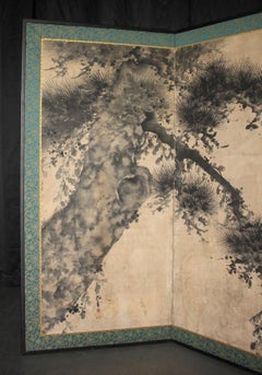 B111 Japanese Antiques 2panels, paper, folding Screen ink painting pine tree