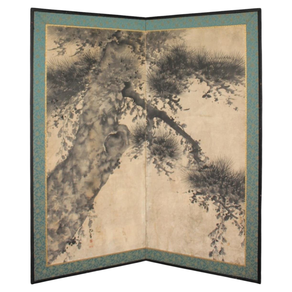 B111 Japanese Antiques 2panels, paper, folding Screen ink painting pine tree