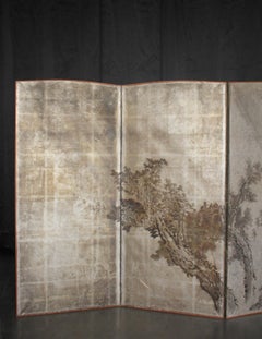 B113 Old Japanese Art, Silver Paper, folding Screen, Ink painting Fox's Wedding