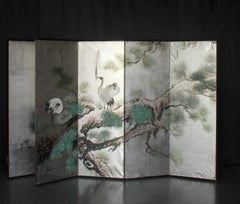 B115 Japanese Antiques, 6panel silver folding screen, crane&pine paint