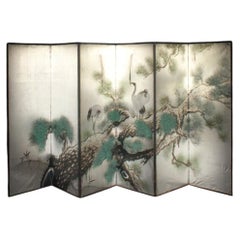 B115 Japanese Antiques, 6panel silver folding screen, crane&pine paint