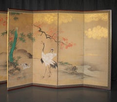 B116 Japanese Antiques Kano School, 6panel folding screen, crane&plants, Byobu
