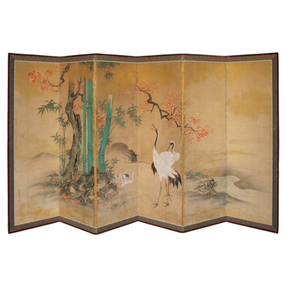 B116 Japanese Antiques Kano School, 6panel folding screen, crane&plants, Byobu