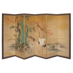 B116 Japanese Antiques Kano School, 6panel folding screen, crane&plants, Byobu