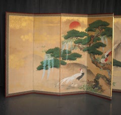 B117 Japanese Antiques Kano School, 6panel folding screen, Pine and Pheasant