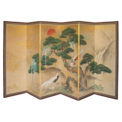B117 Japanese Antiques Kano School, 6panel folding screen, Pine and Pheasant