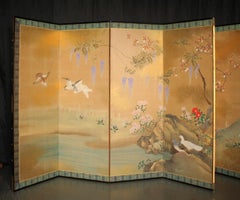 B120 Old Japanese 6panels Byobu, Paper, folding Screen with Flower＆bird painting