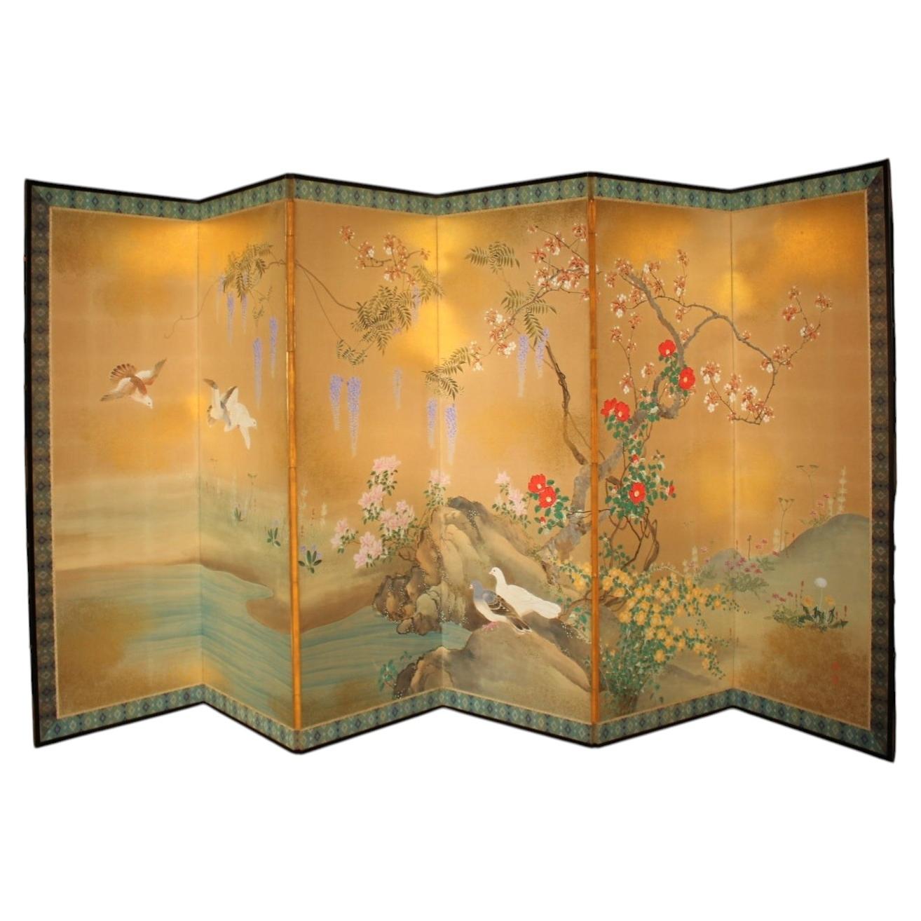 B120 Old Japanese 6panels Byobu, Paper, folding Screen with Flower&bird painting