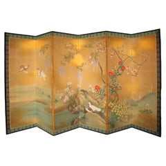 B120 Old Japanese 6panels Byobu, Paper, folding Screen with Flower＆bird painting