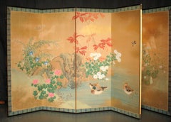 B121 Old Japanese 6panels Byobu, Paper, folding Screen with Flower＆bird painting