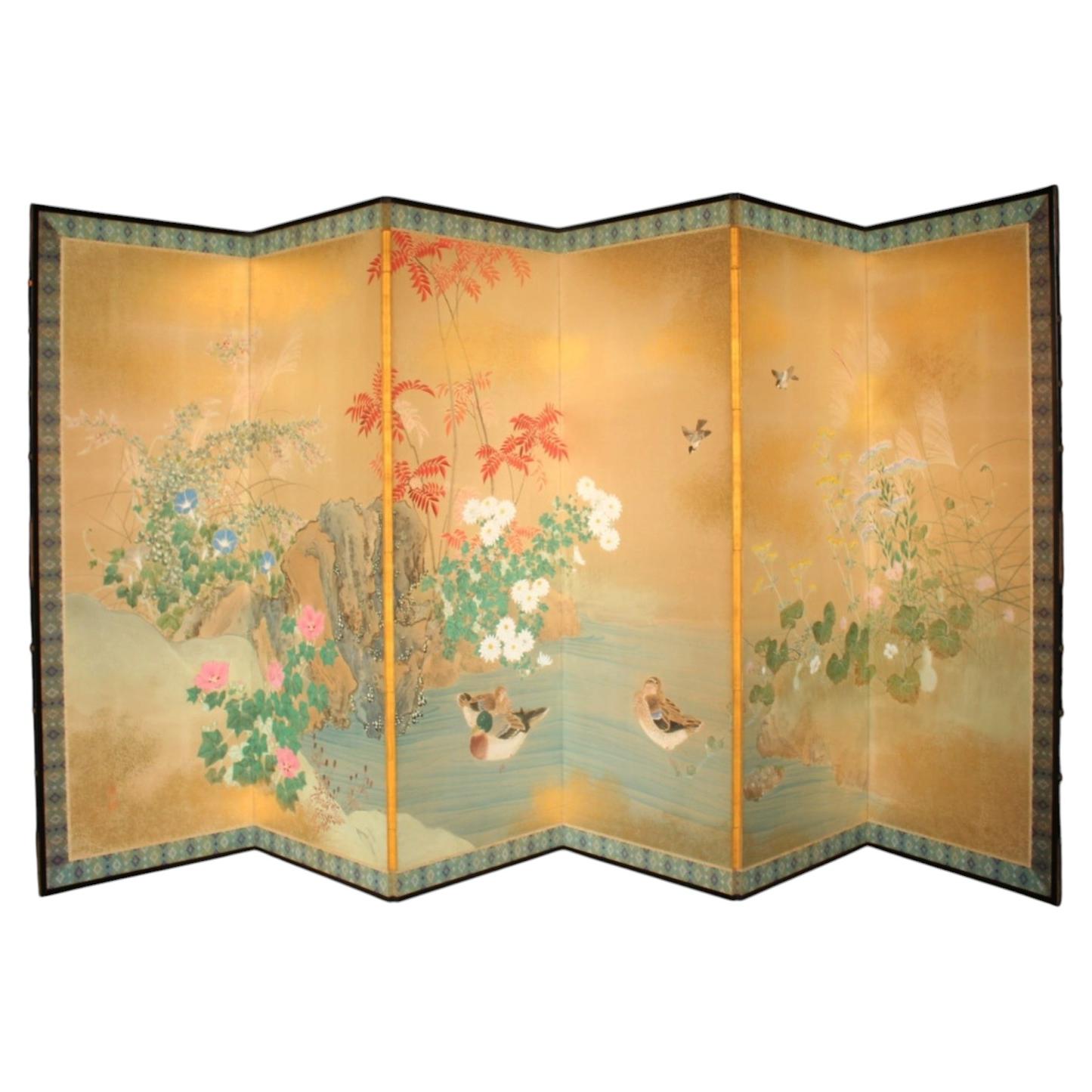 B121 Old Japanese 6panels Byobu, Paper, folding Screen with Flower&bird painting