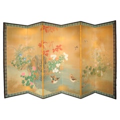B121 Old Japanese 6panels Byobu, Paper, folding Screen with Flower＆bird painting