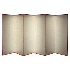 B125 Old Japanese 6panels, Wrinkle finish silver Paper, folding Screen, red rem