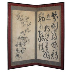 B126 Japanese Antiques 2panels Byobu, folding Screen, Chrysanthemum Calligraphy