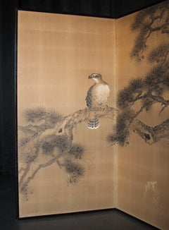 B127 Old Japanese 2panels Byobu, folding Screen, Hawk and Pine