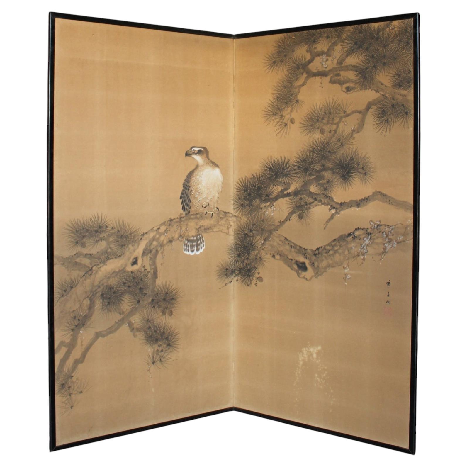 B127 Old Japanese 2panels Byobu, folding Screen, Hawk and Pine
