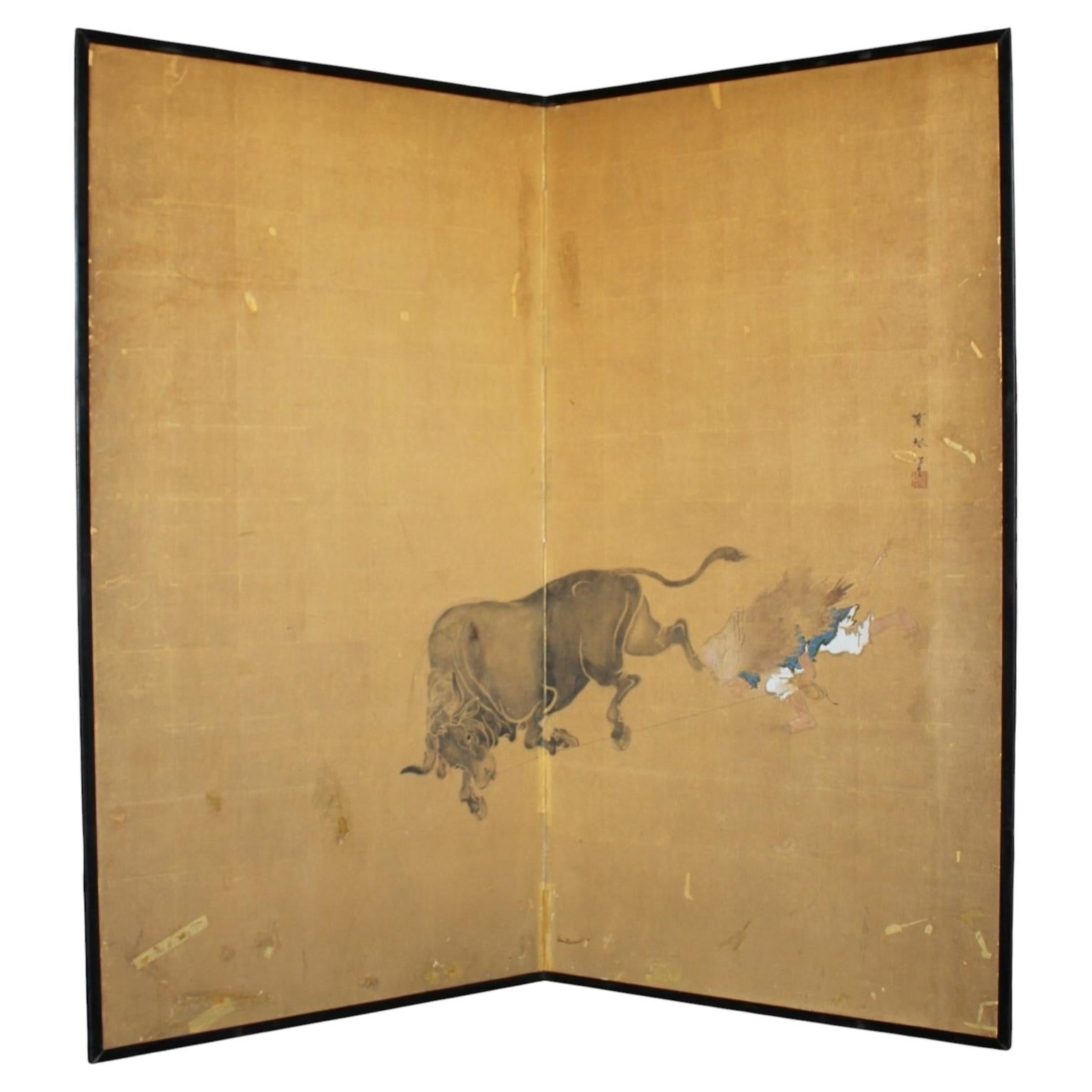 B128 Old Japanese 2panels Byobu, folding Screen, Cattle and Figures