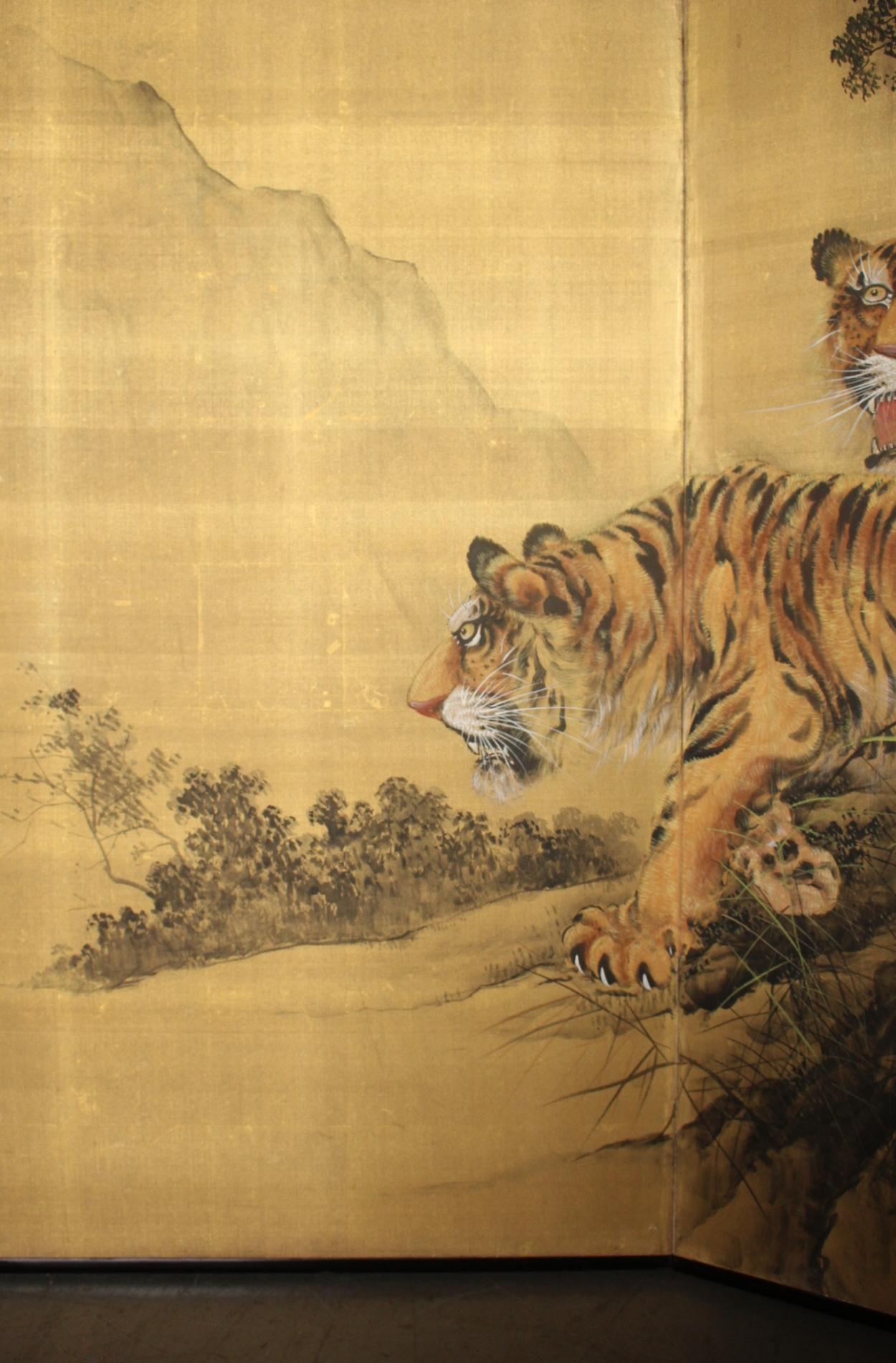Hand-Painted B13 Japanese Antiques 2panels, silk, folding Screen with Tiger For Sale