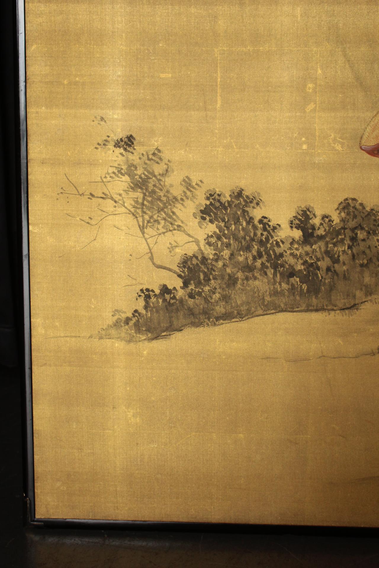 B13 Japanese Antiques 2panels, silk, folding Screen with Tiger In Good Condition For Sale In Niiza, JP