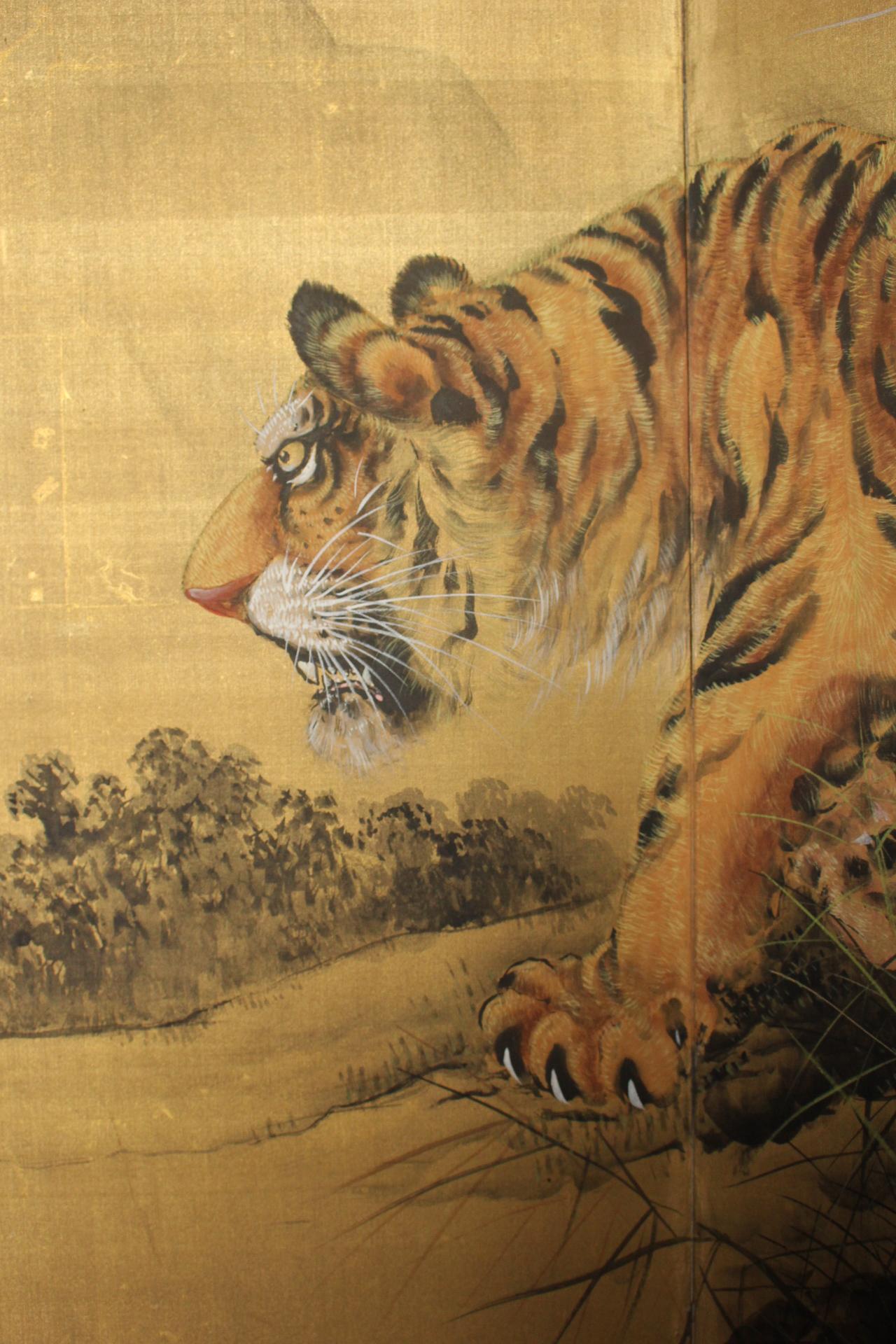 20th Century B13 Japanese Antiques 2panels, silk, folding Screen with Tiger For Sale