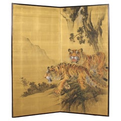 B13 Japanese Antiques 2panels, silk, folding Screen with Tiger