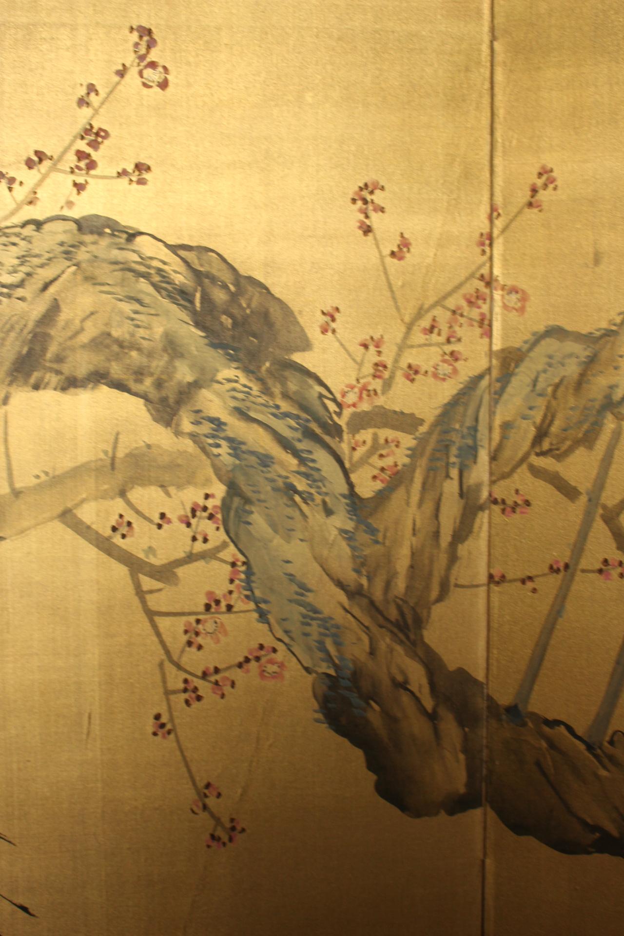 B14 Japanese Antiques 2panels, silk, folding Screen with Gold basGold base For Sale 5