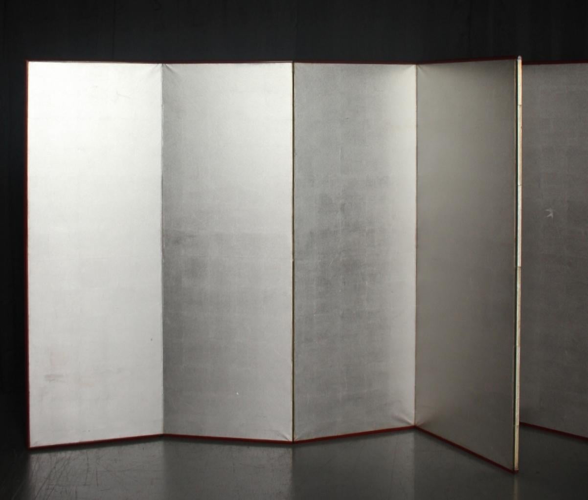 Giapponese B16 Japanese Antiques 6panels, Silver Paper, folding Screen checkered pattern in vendita