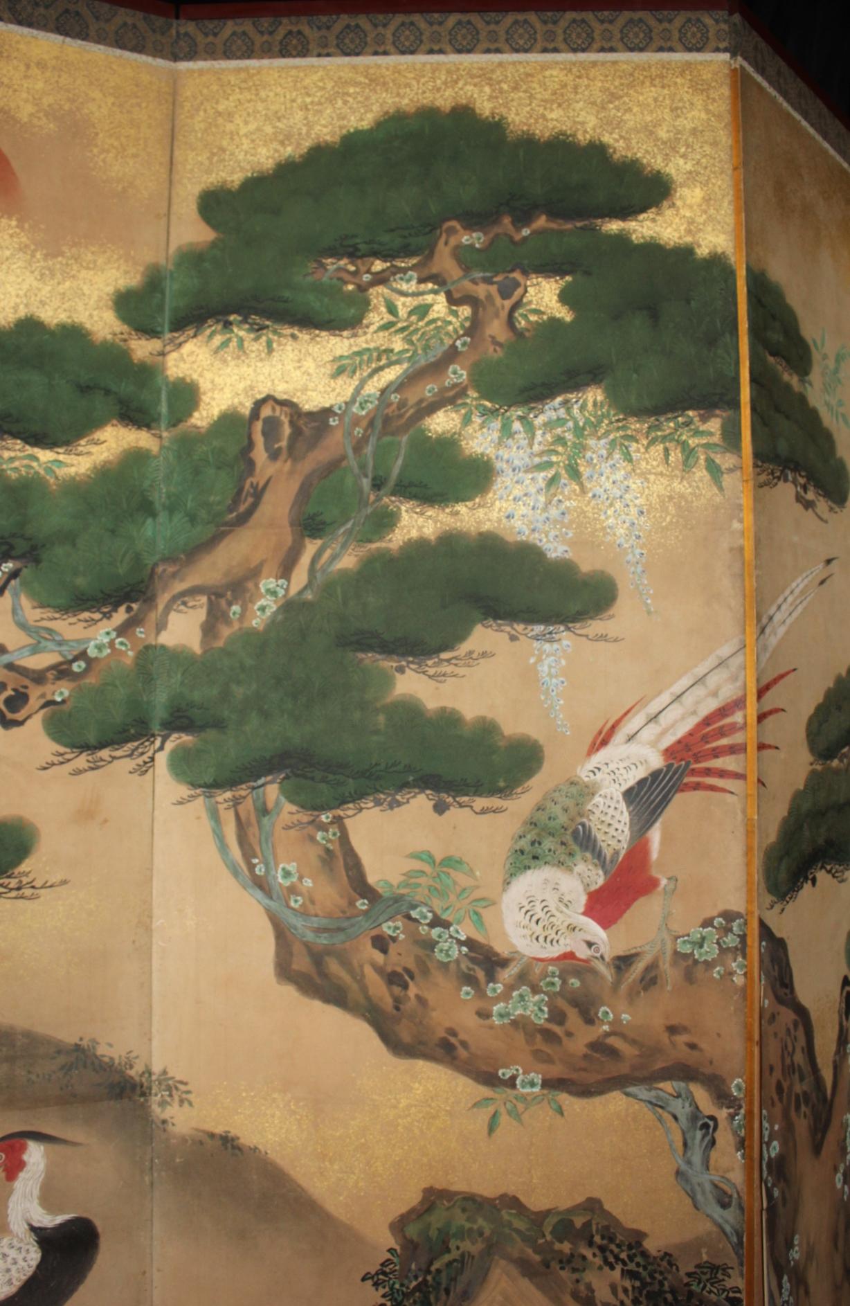 B2 Japanese Antiques Kano School, 6panel folding screen, Pine Tree and Pheasant For Sale 5