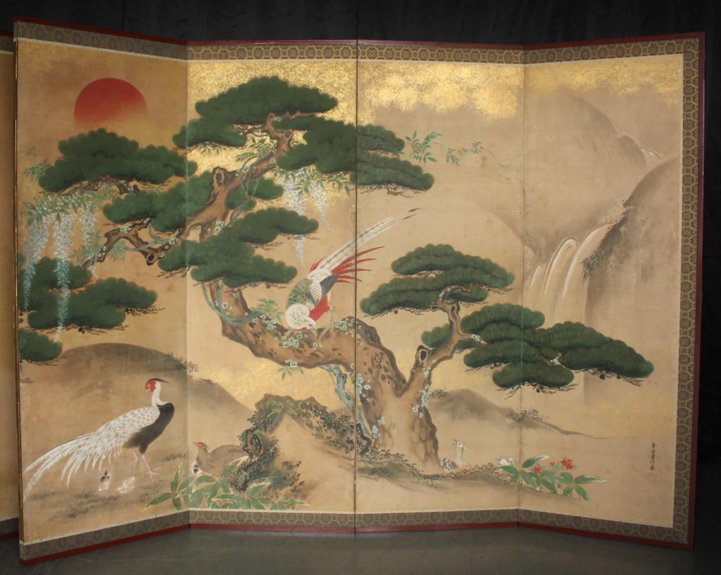B2 Japanese Antiques Kano School, 6panel folding screen, Pine Tree and Pheasant For Sale 7
