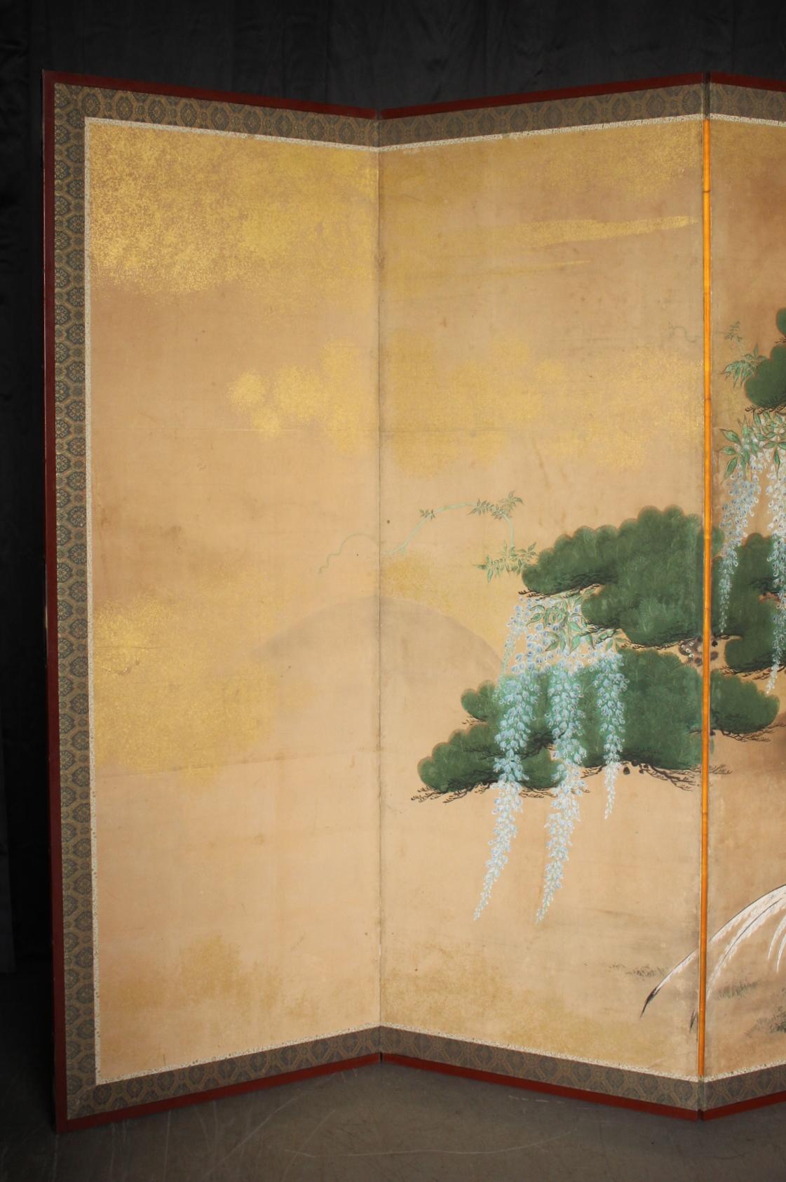 B2 Japanese Antiques Kano School, 6panel folding screen, Pine Tree and Pheasant In Good Condition For Sale In Niiza, JP