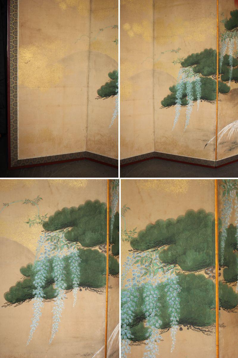 19th Century B2 Japanese Antiques Kano School, 6panel folding screen, Pine Tree and Pheasant For Sale