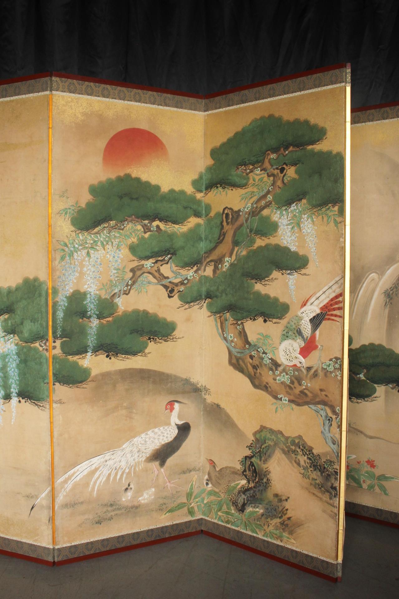 B2 Japanese Antiques Kano School, 6panel folding screen, Pine Tree and Pheasant For Sale 1