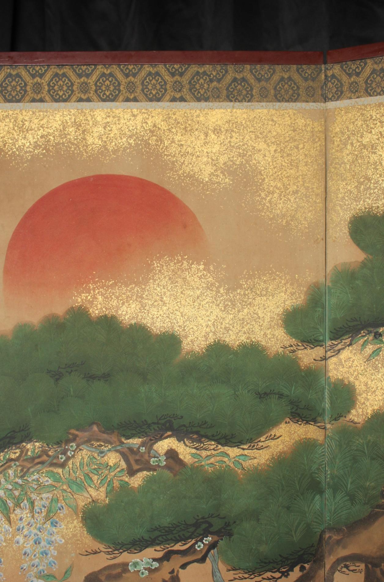 B2 Japanese Antiques Kano School, 6panel folding screen, Pine Tree and Pheasant For Sale 2