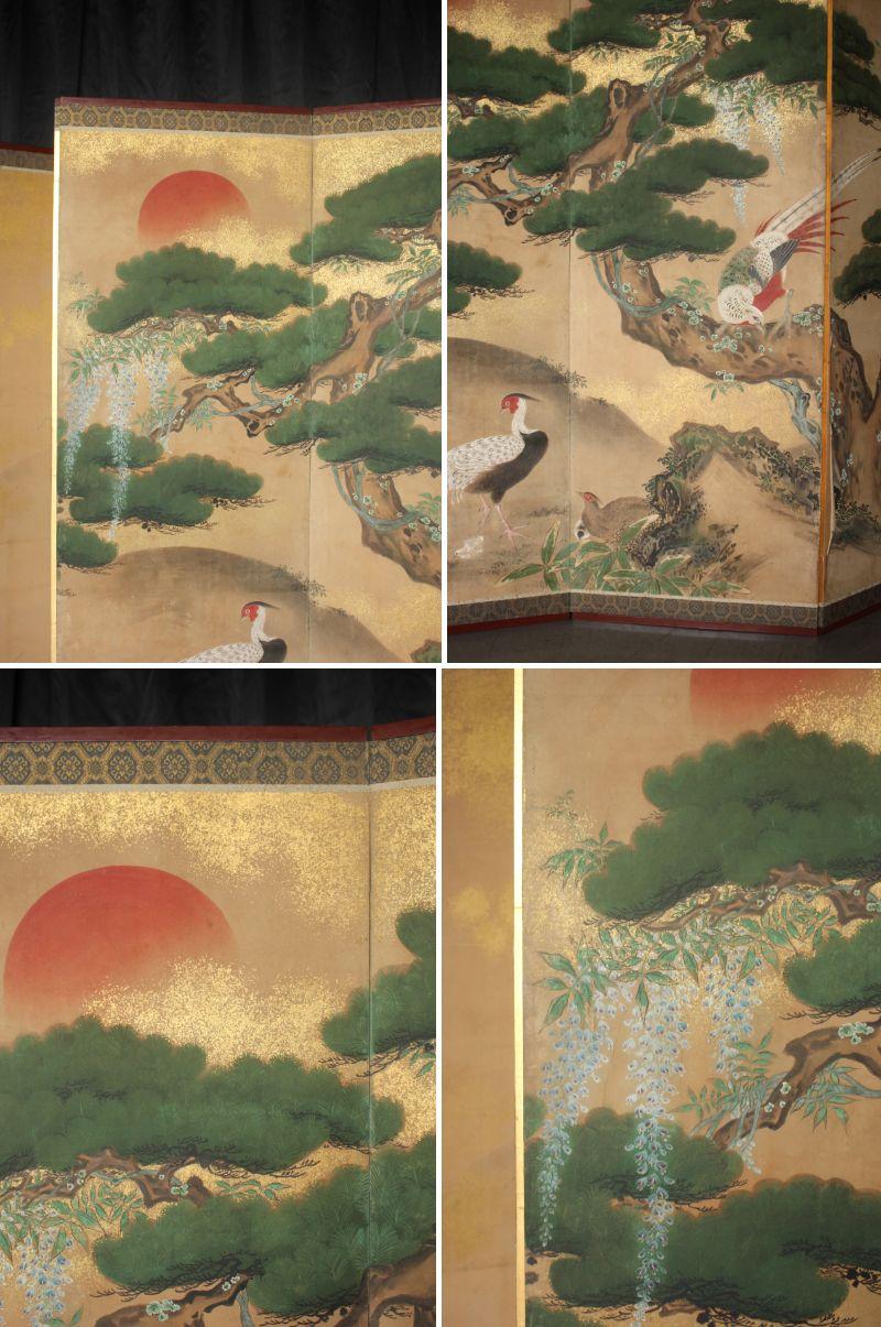 B2 Japanese Antiques Kano School, 6panel folding screen, Pine Tree and Pheasant For Sale 3