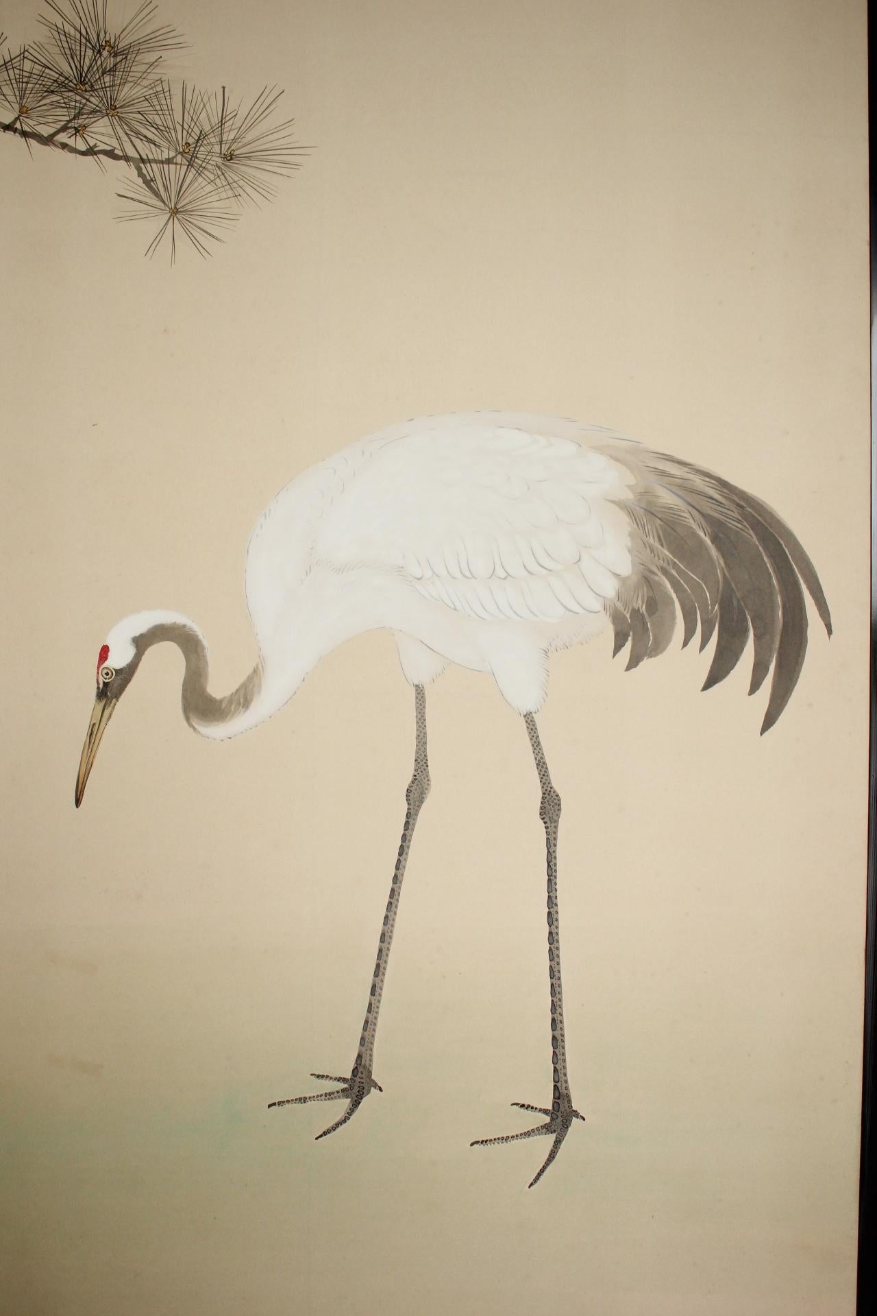 B20 Japanese Antiques 2panels, Paper, folding Screen with Pine Tree and Crane For Sale 6