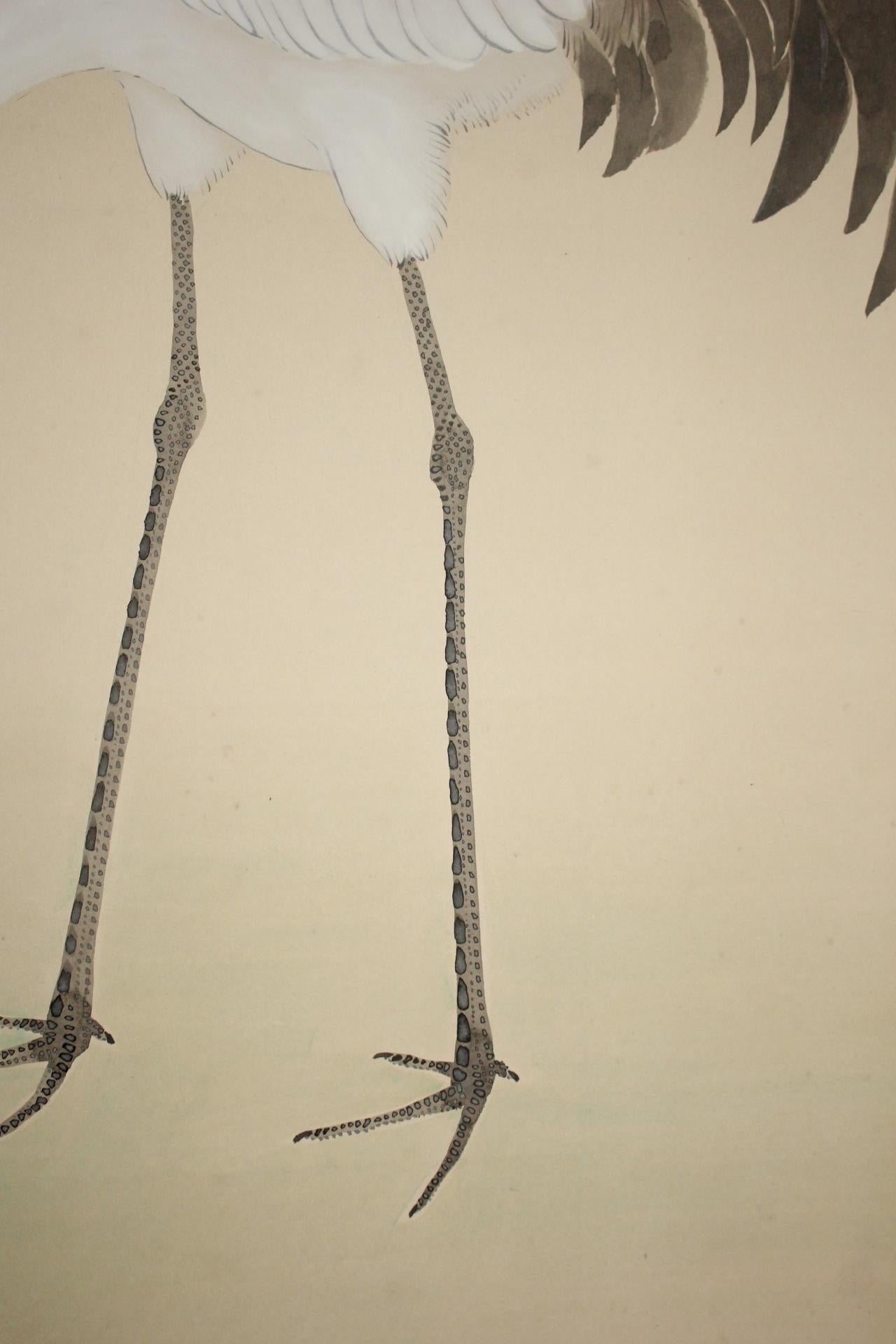 B20 Japanese Antiques 2panels, Paper, folding Screen with Pine Tree and Crane For Sale 9