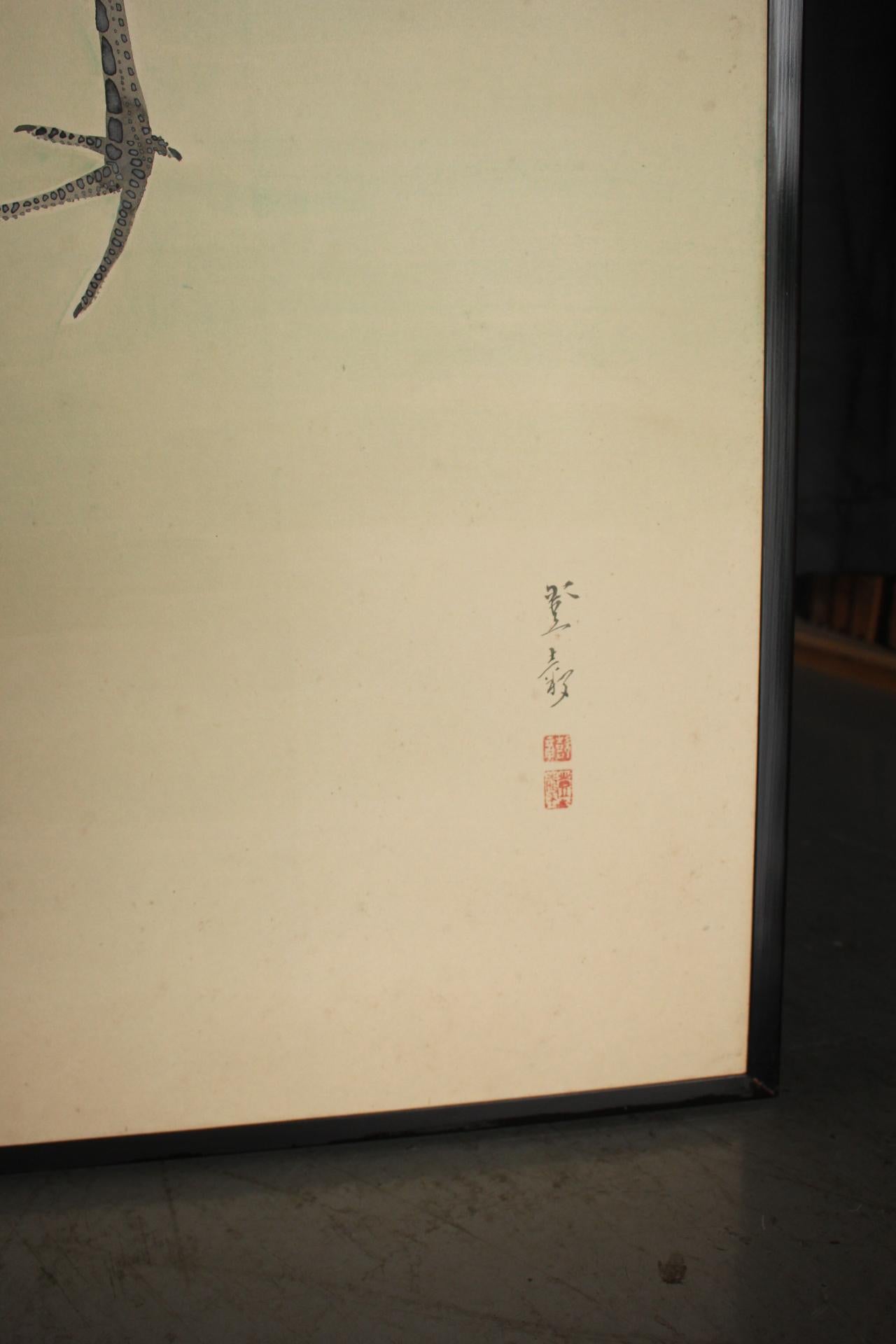 B20 Japanese Antiques 2panels, Paper, folding Screen with Pine Tree and Crane For Sale 10