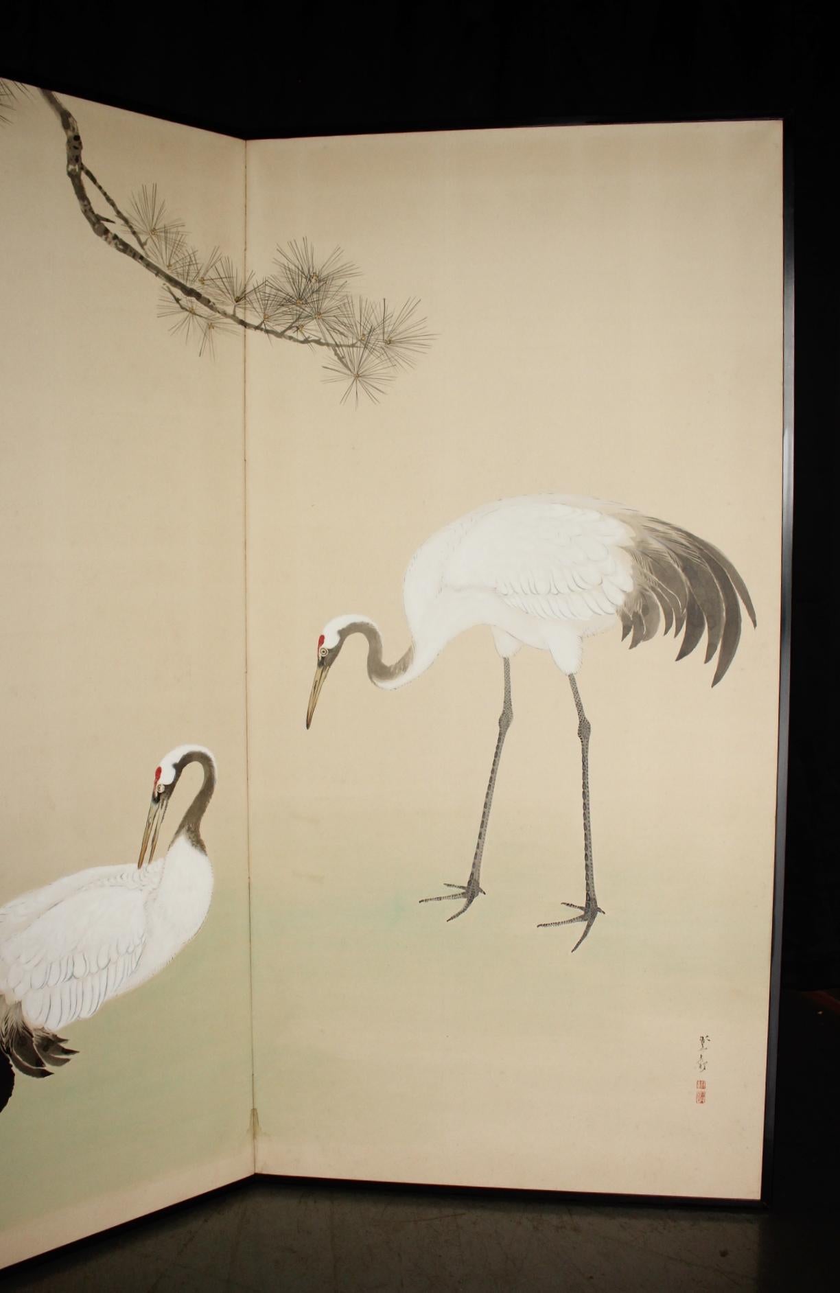 Hand-Painted B20 Japanese Antiques 2panels, Paper, folding Screen with Pine Tree and Crane For Sale