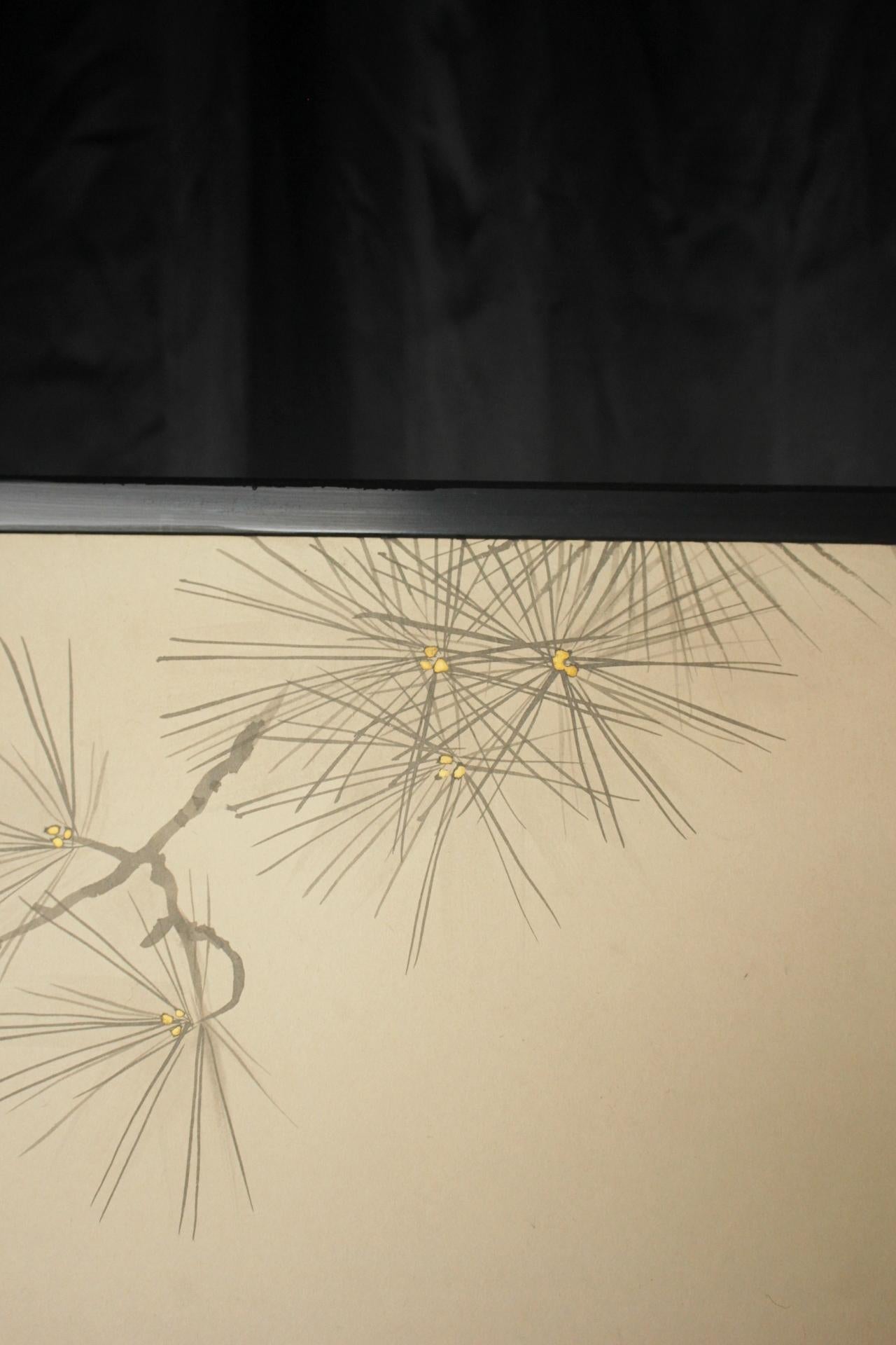 20th Century B20 Japanese Antiques 2panels, Paper, folding Screen with Pine Tree and Crane For Sale