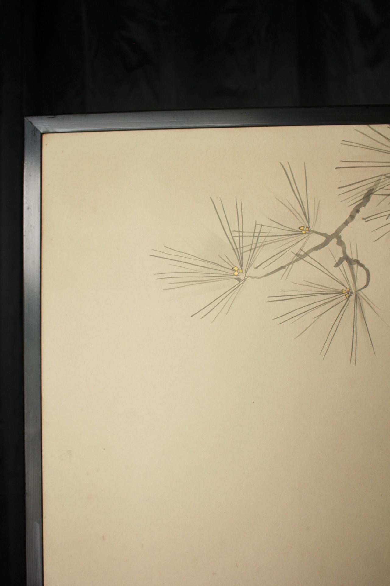 B20 Japanese Antiques 2panels, Paper, folding Screen with Pine Tree and Crane For Sale 1