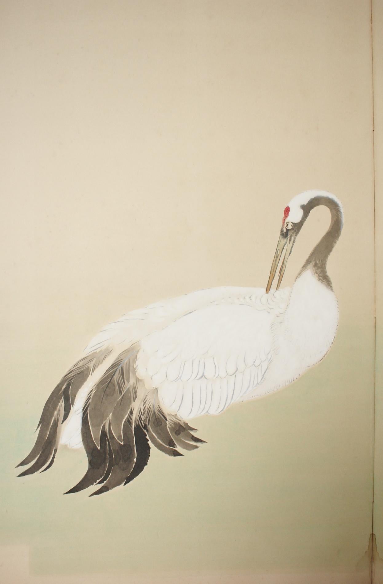 B20 Japanese Antiques 2panels, Paper, folding Screen with Pine Tree and Crane For Sale 2