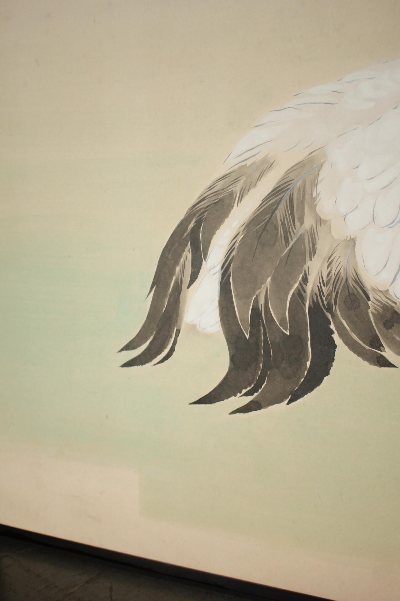 B20 Japanese Antiques 2panels, Paper, folding Screen with Pine Tree and Crane For Sale 4